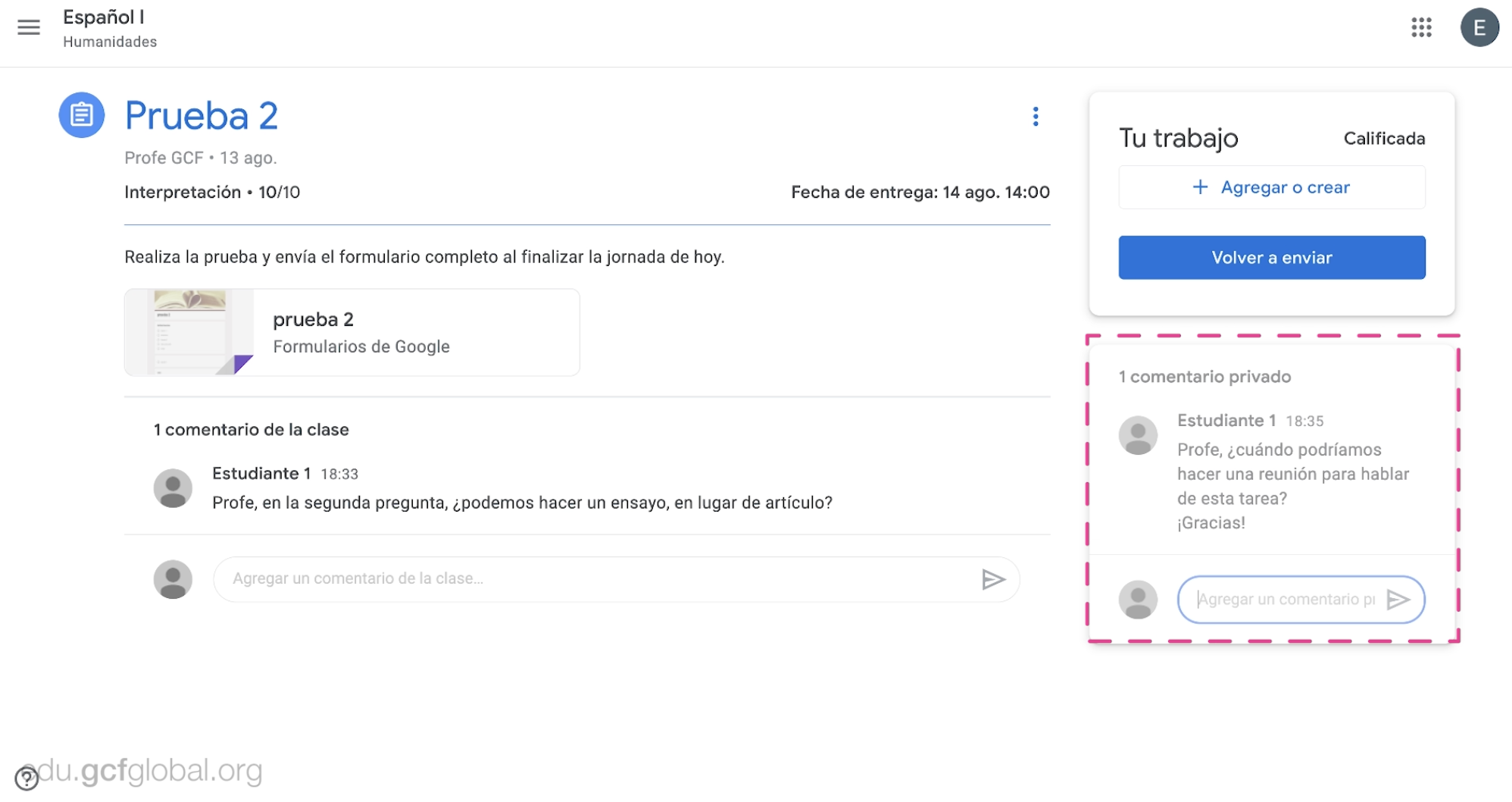 Realizar comentario privado de tarea en Google Classroom.
